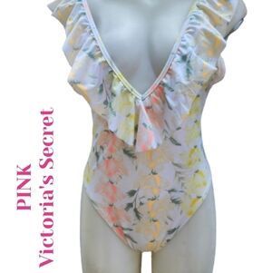 Pink‎ Victoria's Secret Floral frill tank swimsuit M NWT